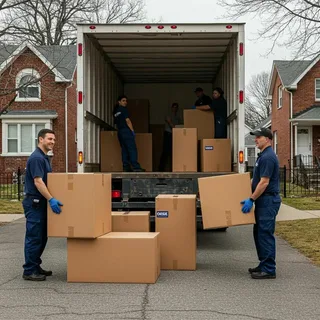 A crew providing reliable residential moving service, carefully loading large cardboard boxes using a truck ramp.