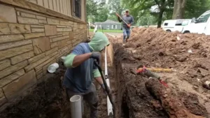 Plumbing contractors digging a deep trench next to a brick house foundation to fix a major Sewer Repair Problem