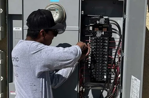 Professional electrician installing new components to upgrade an electrical panel.