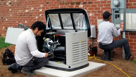 A gray standby backup generator unit installed outside a house next to electrical conduits.
