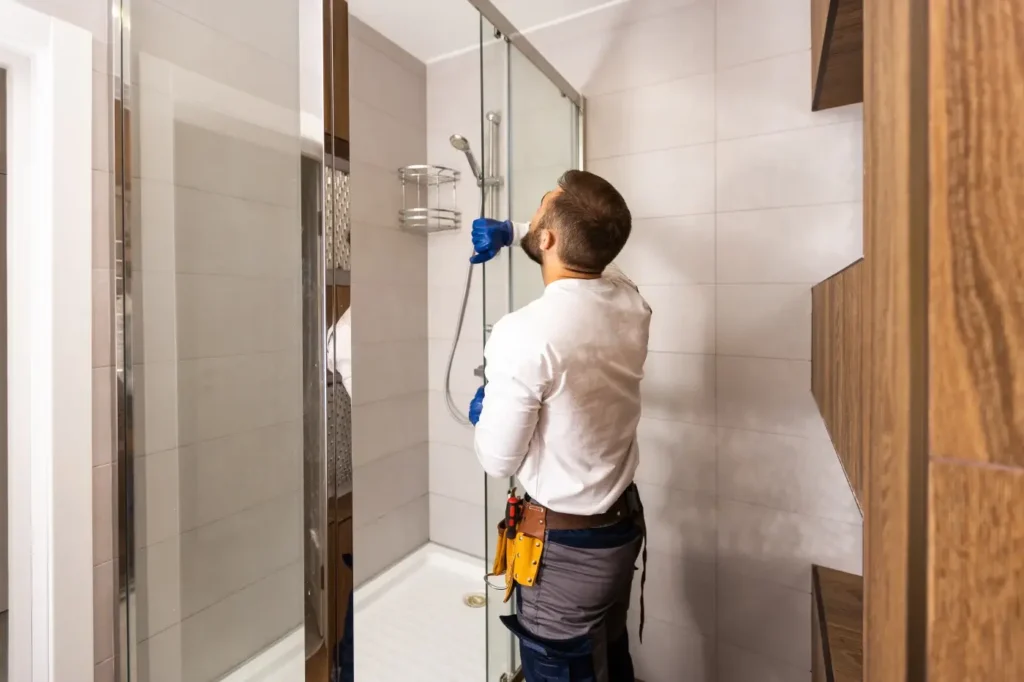 A bathroom remodeling expert wearing a tool belt and blue gloves inspects or installs a shower head inside a modern glass-enclosed shower stall.