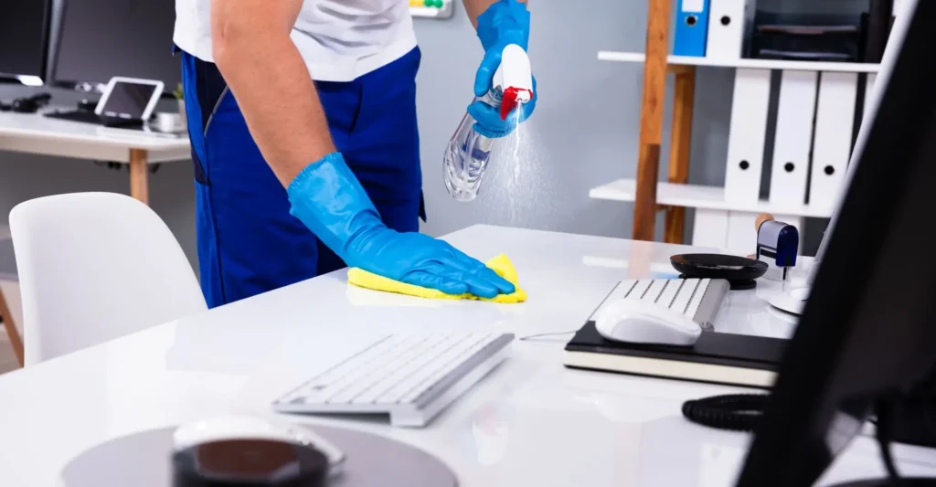 A person in blue gloves and a uniform sprays and wipes down a white office desk with a yellow cloth.