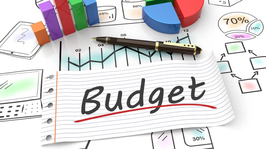 A piece of notebook paper with the word "Budget" handwritten in bold black ink and underlined in red. The paper rests on a background of various 3D financial graphics, including colorful bar charts, a pie chart, and line graphs.