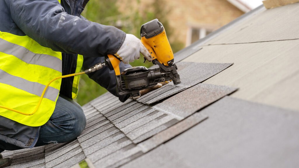 A man in a safety vest is installing a roof, focused on his work while ensuring safety on the construction site.