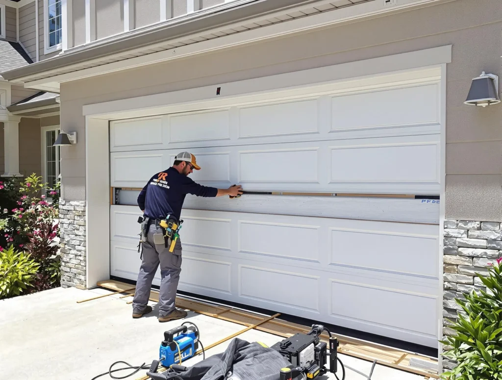 A garage door repair technician is fixing a door.