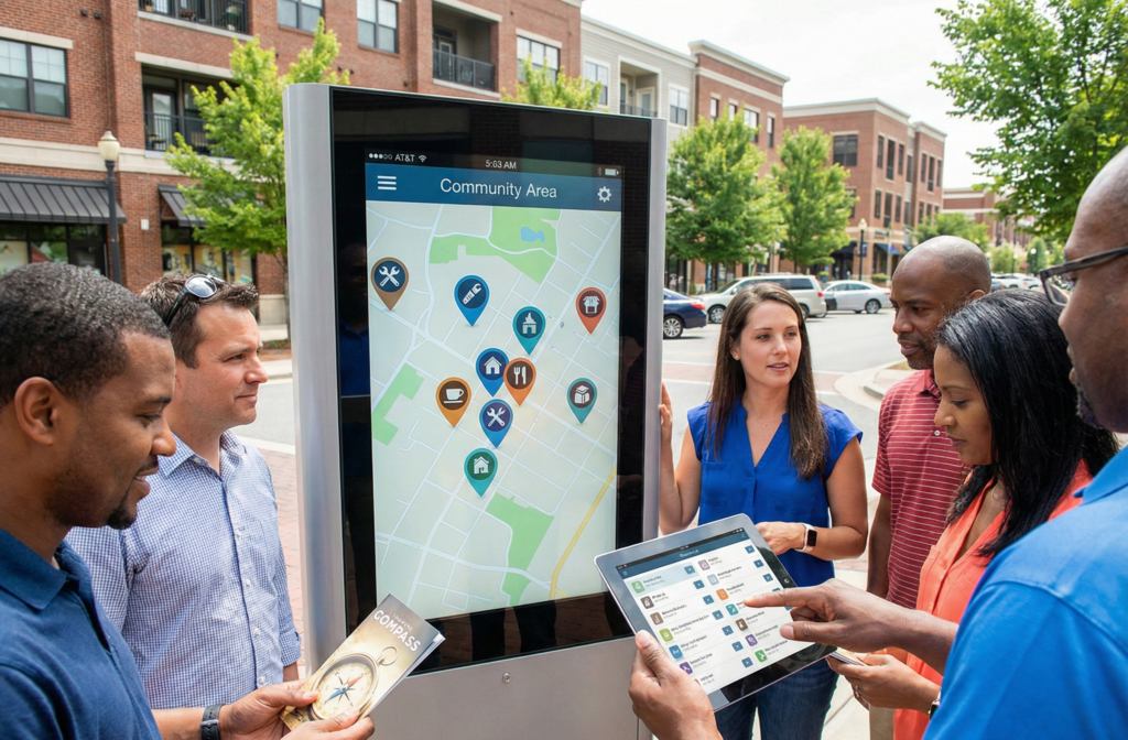 People standing around a screen which is showing local business addresses, depiction of local business directories.