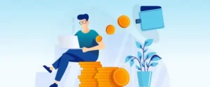 100local near 32 Flat vector illustration of a man managing his personal financial growth and digital budgeting on a laptop