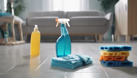 Low-angle view of mopping a reflective hardwood floor with cleaning solution and bucket showcasing best floor cleaner products