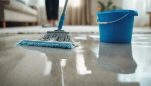 Mopping a wet shiny tile surface next to a blue bucket to test best floor cleaner products