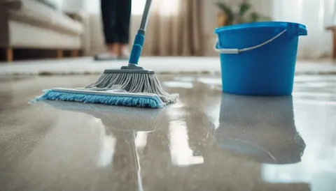 Mopping a wet shiny tile surface next to a blue bucket to test best floor cleaner products
