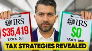 100local near 30 A man holding two IRS clipboards comparing $35,419 in taxes due versus $0 due to highlight effective tax minimization strategies.