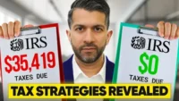 A man holding two IRS clipboards comparing $35,419 in taxes due versus $0 due to highlight effective tax minimization strategies.