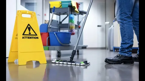 Professional daytime porter services cleaning and mopping a commercial office building hallway
