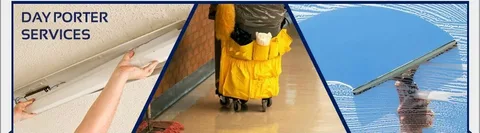 What Are Porter Services and Why Do You Need Them? 3 Professional porter services personnel maintaining cleanliness by mopping a tiled floor in an office building entrance.